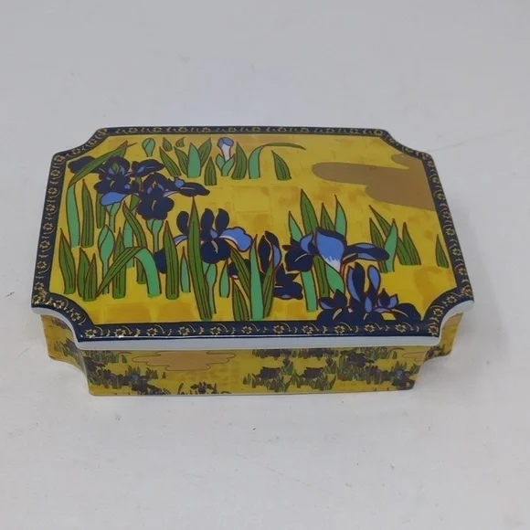 Trinket Box Ceramic Cover Floral Purple Iris Enesco 1979 Jewelry Yellow Gold 6" - Picture 9 of 9